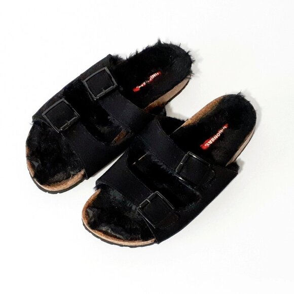 NWOT Unionbay black faux fur faux suede sandals - Picture 2 of 15